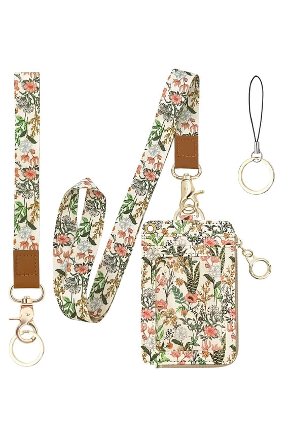 Aesthetic Lanyard with ID Holder for Women Teacher Nurses Doctor Student, Cute Floral ID Badge Holder with Neck Lanyard ID Badge Wallet Case with 1 ID Window, 4 Card Slots, 1 Side Zipper Pocket