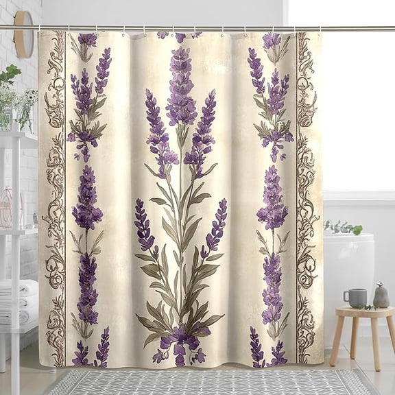 Aesthetic Lavender Shower Curtain, Groovy Retro Flower Shower Curtains For Bathroom, Floral Print Bath Decor Accessories Set 48"W x 72"L