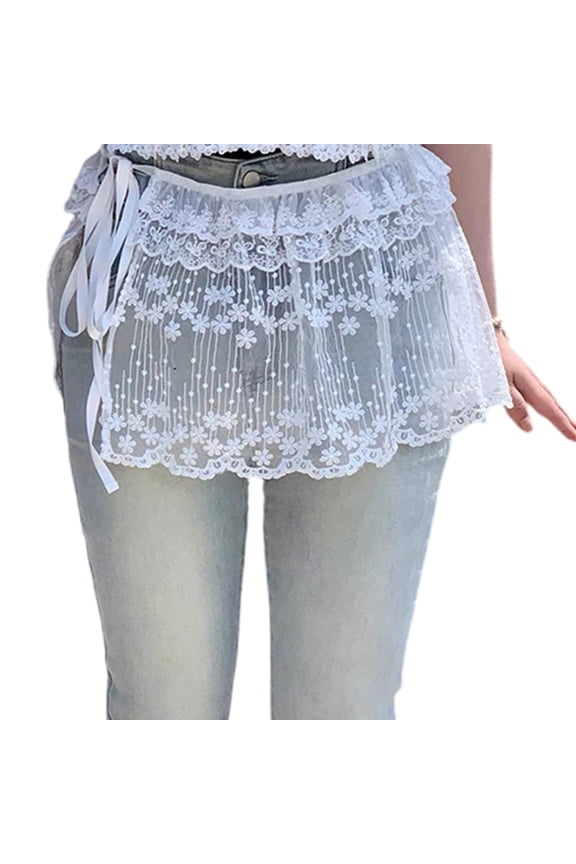 Aesthetic Layering Half Wrap Skirt See Through Flower Lace Hip Covering Mini Apron Skirt Tie Up Bandage Mesh Overskirt