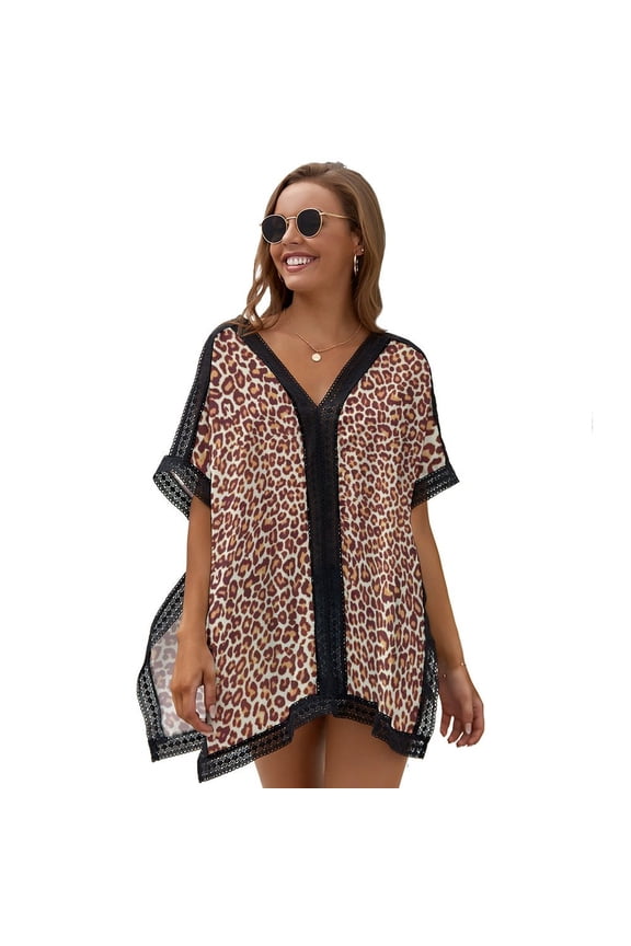 Aesthetic Leopard Print Beach Cover Ups for Women Bathing Suit Cover Up Lace Bikini Swimsuit Coverup Beach Dress Shirt One Size