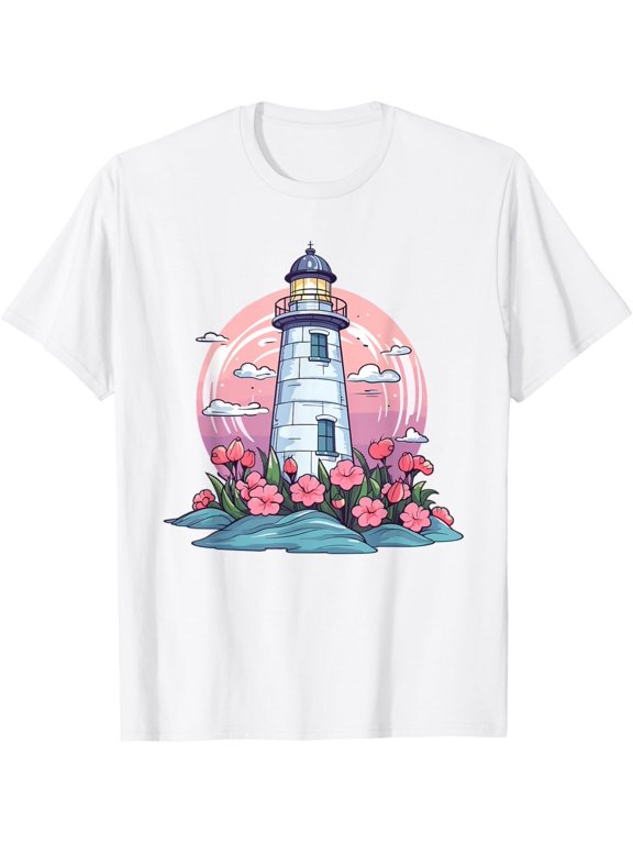 Aesthetic Lighthouse With Flowers I Lighthouse T-Shirt men and women can wear, black, white, gifts
