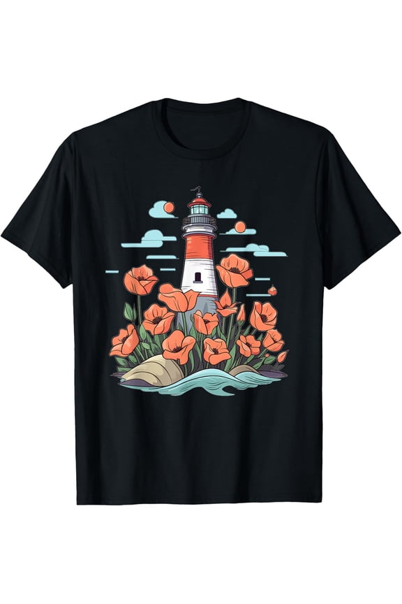 Aesthetic Lighthouse With Flowers I Lighthouse T-Shirt men and women can wear, black, white, gifts.