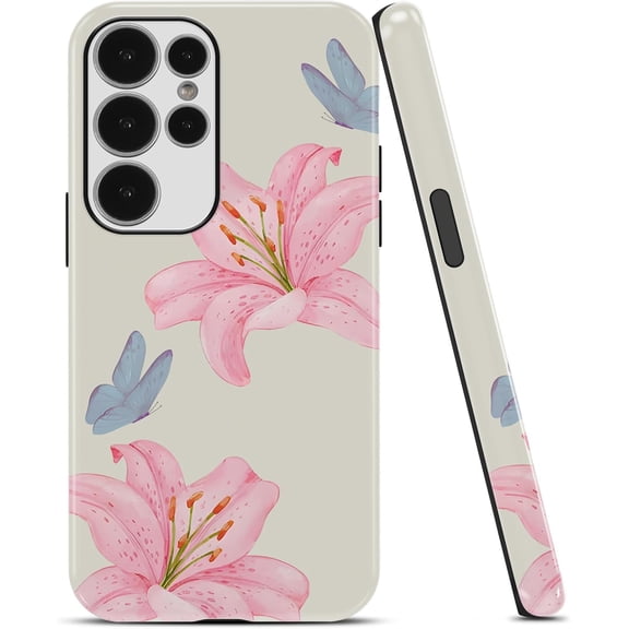 Aesthetic Lily Phone Case for Samsung Galaxy S25 5G Case Pink Flower Floral Pattern Design Case for Girls Women, Hybrid 2 Layer Hard Shell Silicone Protective Funda for Samsung S25 6.2 Inch