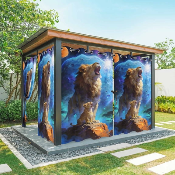 Aesthetic Lions Outdoor Curtains for Patio Waterproof, Grommet Outdoor Privacy Panels, Abstract Art Blue Moon Weatherproof Outside Curtains for Porch/Cabana 54"Wx84"L, 1 Panel