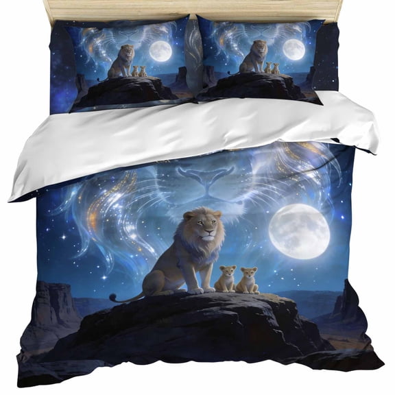 Aesthetic Lions Set of 4 Bedding Quilt Covers, Black Mountains Moon Night Blue Ombre 4-Piece Bed Sheet Set with Extra Soft Bed Sheets Quilt Cover Pillowcase, Full