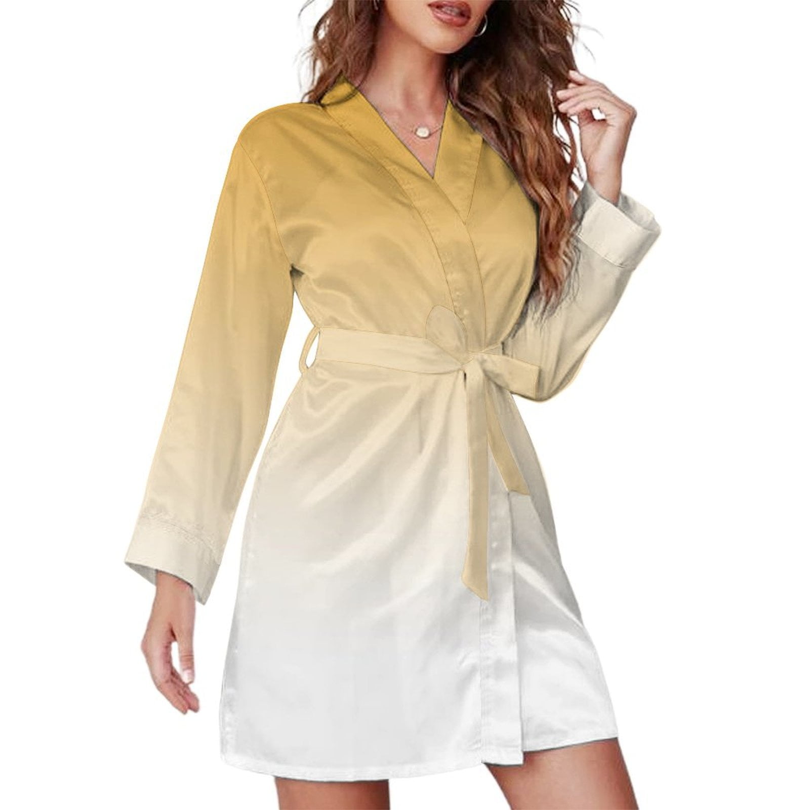 Aestehtic Robe Aesthetic Maize Yellow And White Gradient Night Robe Long Sleeve V Neck ...