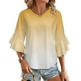 thumbnail image 1 of Aesthetic Maize Yellow And White Gradient Women's V-Neck Blouse With 3/4 Ruffled Bell Sleeves Casual Top Ladies Blouses, 1 of 7