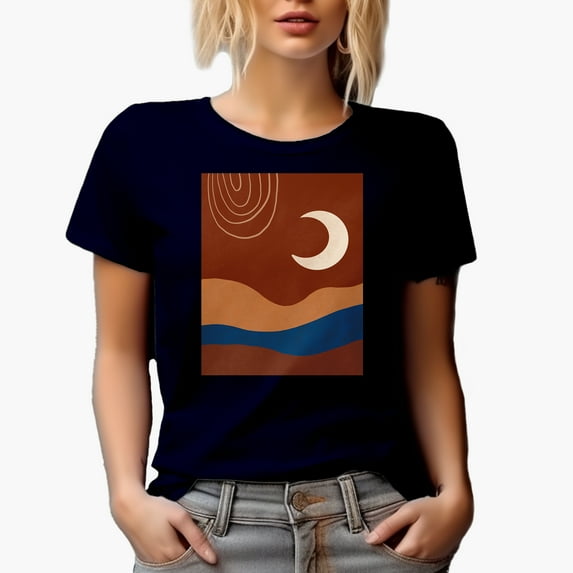 Aesthetic Minimalism Boho Moon Art or Design Merch Gift, Navy Blue T-Shirt, Large