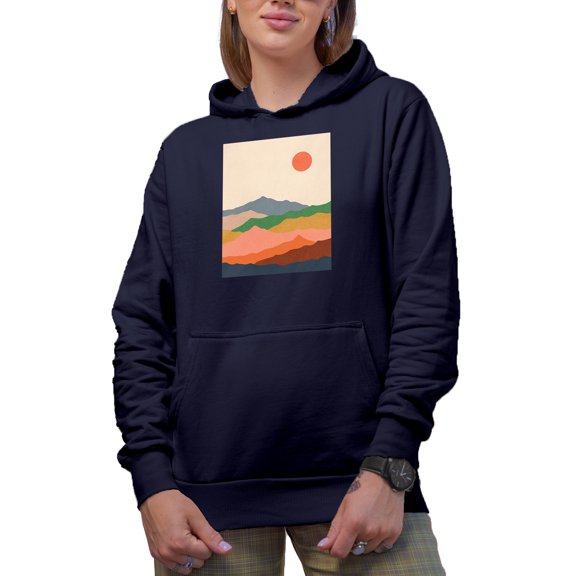 Aesthetic Minimalism Boho Mountain Landscape Art or Design Merch Gift, Navy Blue Hooded Sweatshirt or Hoodie, Medium