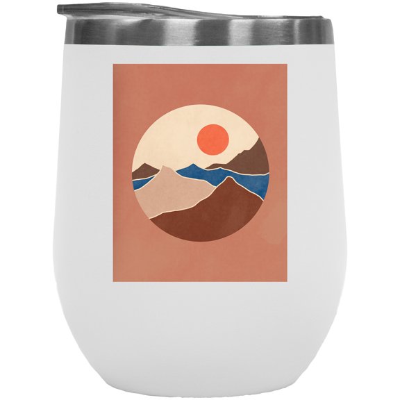 Aesthetic Minimalism Boho Mountain & Sun Art Merch Gift, White 12oz Wine Tumbler