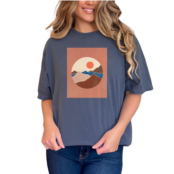 Aesthetic Minimalism Boho Mountain & Sun Art or Design, Denim Comfort Colors T-Shirt, Large