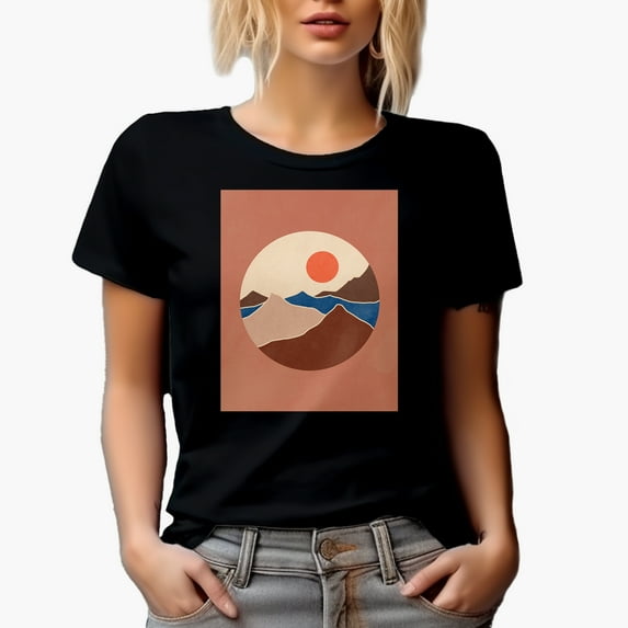 Aesthetic Minimalism Boho Mountain & Sun Art or Design Merch Gift, Black T-Shirt, Large