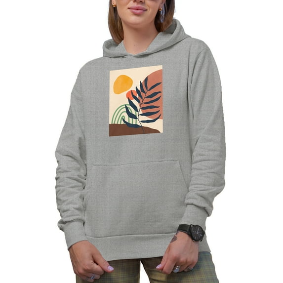Aesthetic Minimalism Boho Rainbow, Sun & Botanical Art Merch Gift, Heather Grey Hooded Sweatshirt or Hoodie, XL