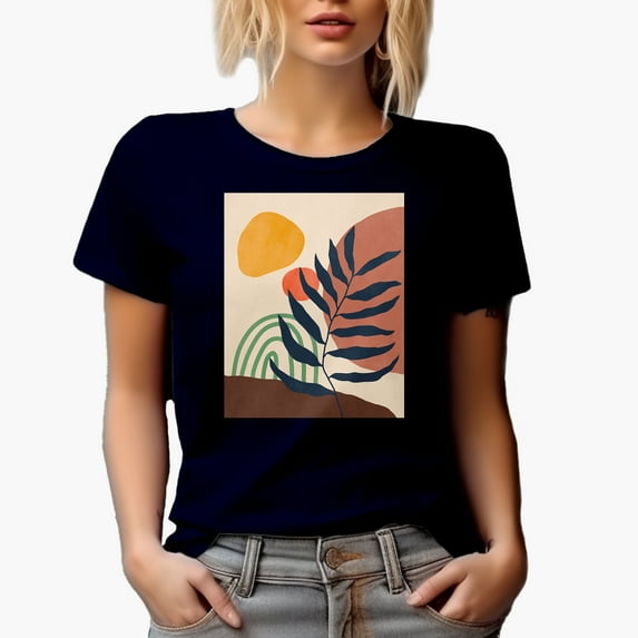 Aesthetic Minimalism Boho Rainbow, Sun & Botanical Art or Design Merch Gift, Navy Blue T-Shirt, Medium