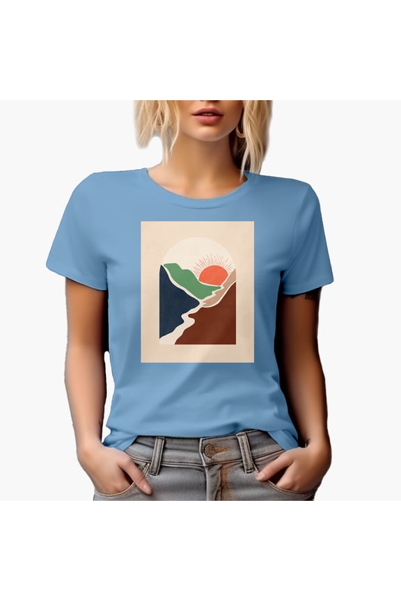 Aesthetic Minimalism Boho Sun & Mountains Art Merch Gift, Baby Blue T-Shirt, 3XL