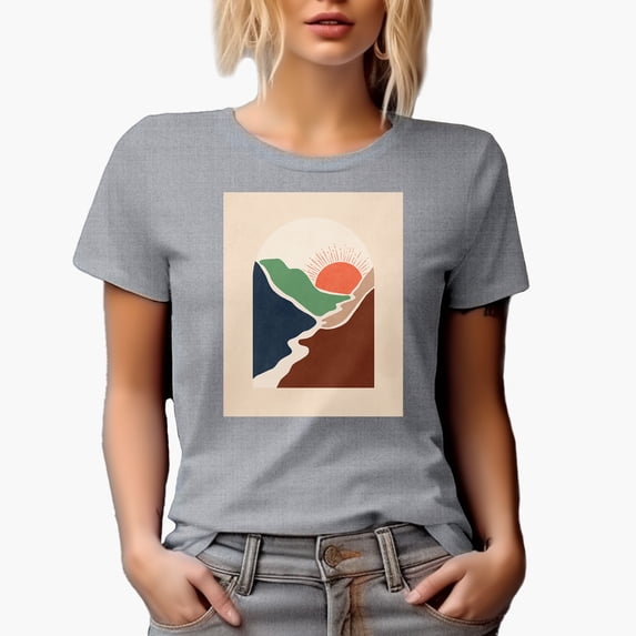 Aesthetic Minimalism Boho Sun & Mountains Art Merch Gift, Heather Grey T-Shirt, Small