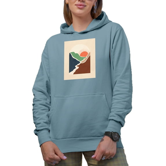 Aesthetic Minimalism Boho Sun & Mountains Art Merch Gift, Light Blue Hooded Sweatshirt or Hoodie, Small