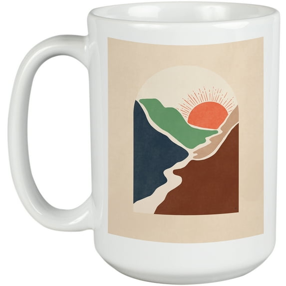 Aesthetic Minimalism Boho Sun & Mountains Art Merch Gift, White 15oz Ceramic Mug