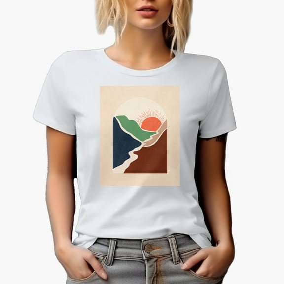 Aesthetic Minimalism Boho Sun & Mountains Art Merch Gift, White T-Shirt, Small
