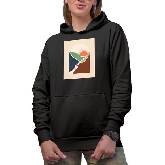 Aesthetic Minimalism Boho Sun & Mountains Art or Design Merch Gift, Black Hooded Sweatshirt or Hoodie, Small