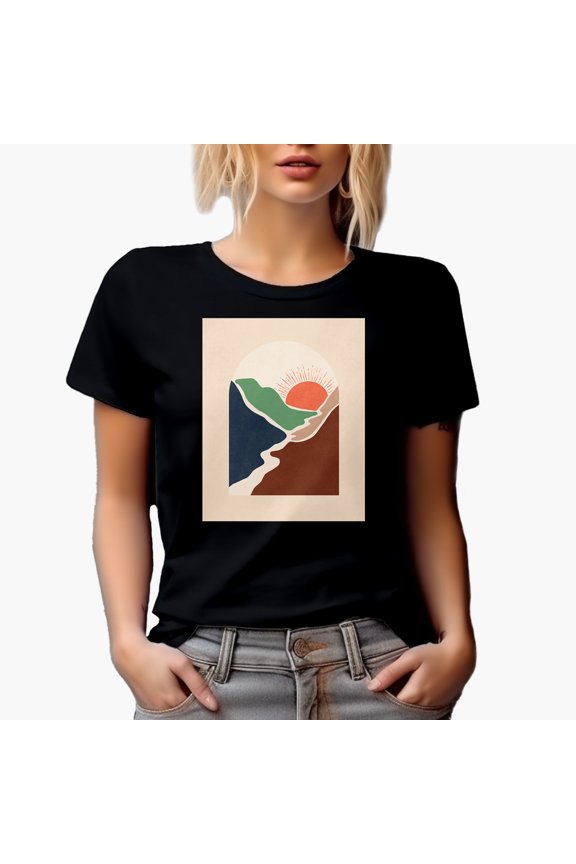 Aesthetic Minimalism Boho Sun & Mountains Art or Design Merch Gift, Black T-Shirt, Small