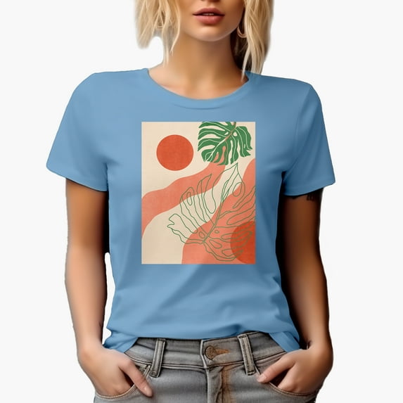 Aesthetic Minimalism Boho Sun & Tropical Leaves Art Merch Gift, Baby Blue T-Shirt, Small