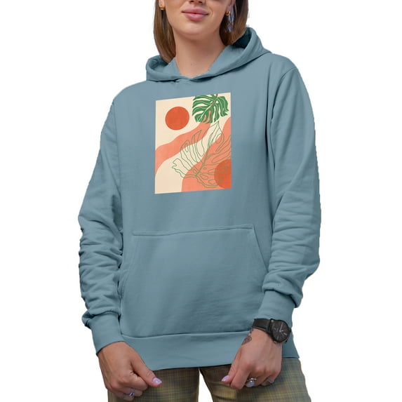 Aesthetic Minimalism Boho Sun & Tropical Leaves Art Merch Gift, Light Blue Hooded Sweatshirt or Hoodie, XL