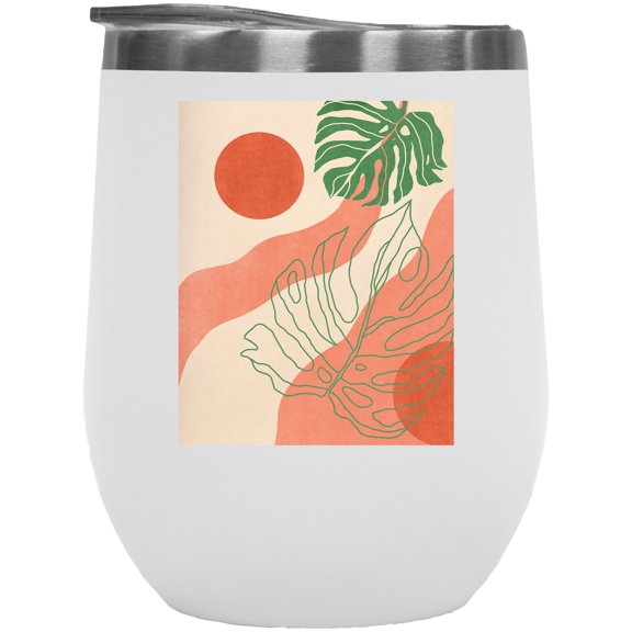 Aesthetic Minimalism Boho Sun & Tropical Leaves Art Merch Gift, White 12oz Wine Tumbler