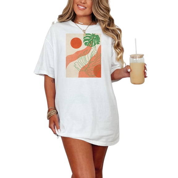 Aesthetic Minimalism Boho Sun & Tropical Leaves Art, White Comfort Colors T-Shirt, Small