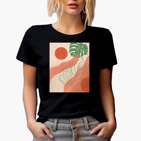 Aesthetic Minimalism Boho Sun & Tropical Leaves Art or Design Merch Gift, Black T-Shirt, Small