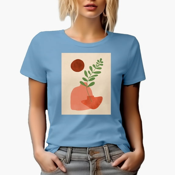 Aesthetic Minimalism Boho Sun & Vase or Botanical Art Merch Gift, Baby Blue T-Shirt, Small