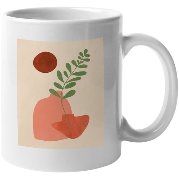 Aesthetic Minimalism Boho Sun & Vase or Botanical Art Merch Gift, White 11oz Ceramic Mug