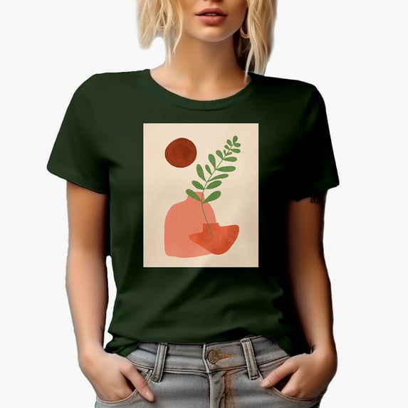 Aesthetic Minimalism Boho Sun & Vase or Botanical Art or Design Merch Gift, Military Green T-Shirt, XL