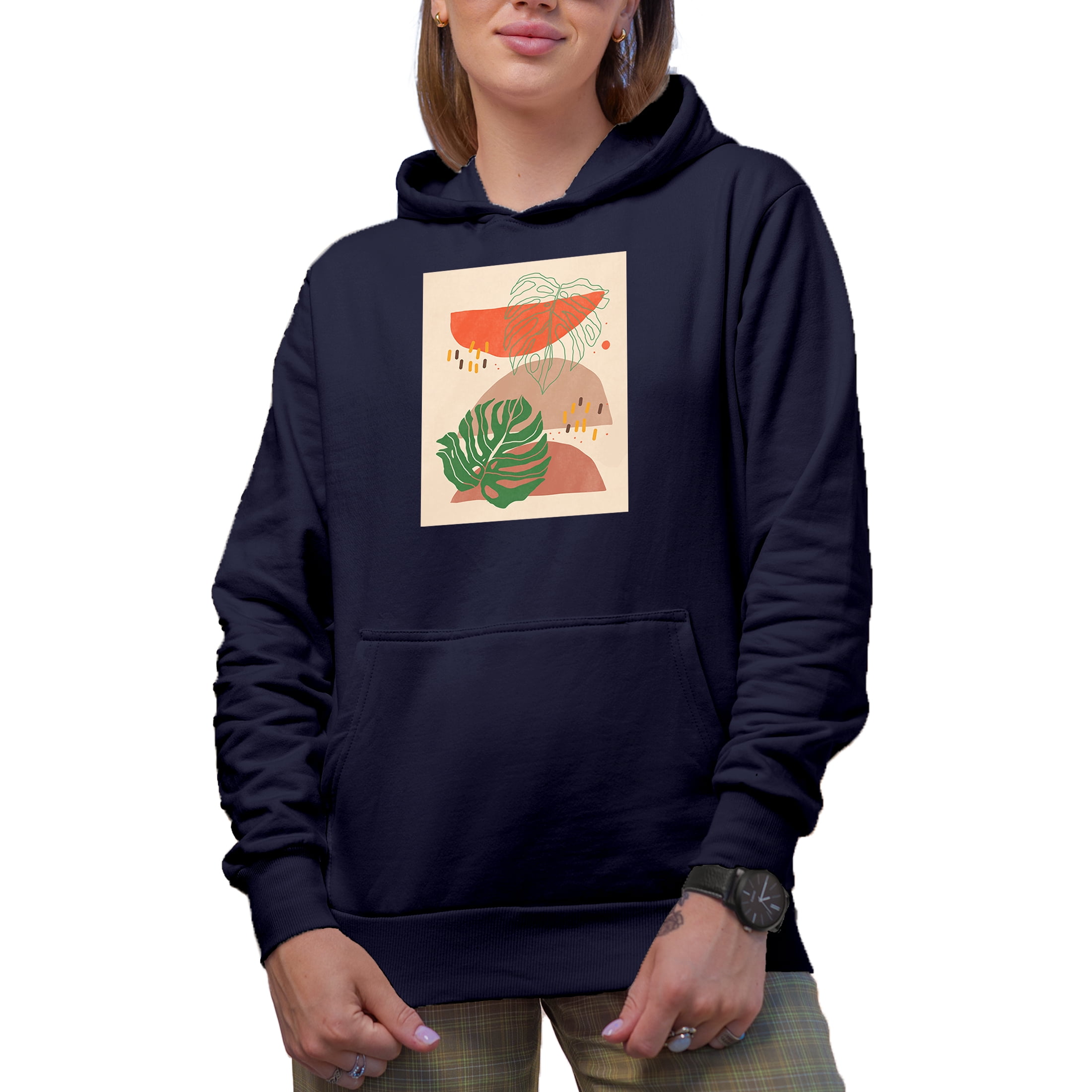 Aesthetic Minimalism Boho Tropical Leaves Art or Design Merch Gift Navy Blue Hooded Sweatshirt or Hoodie 3XL Walmart