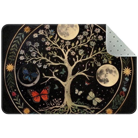 Aesthetic Moon Phase Nature Flower Plant Butterfly Small Area Rug, Non-Slip Door Mat Indoor Floor Mat, Washable Kitchen Rug Entrance DMat for Bedroom Living Room