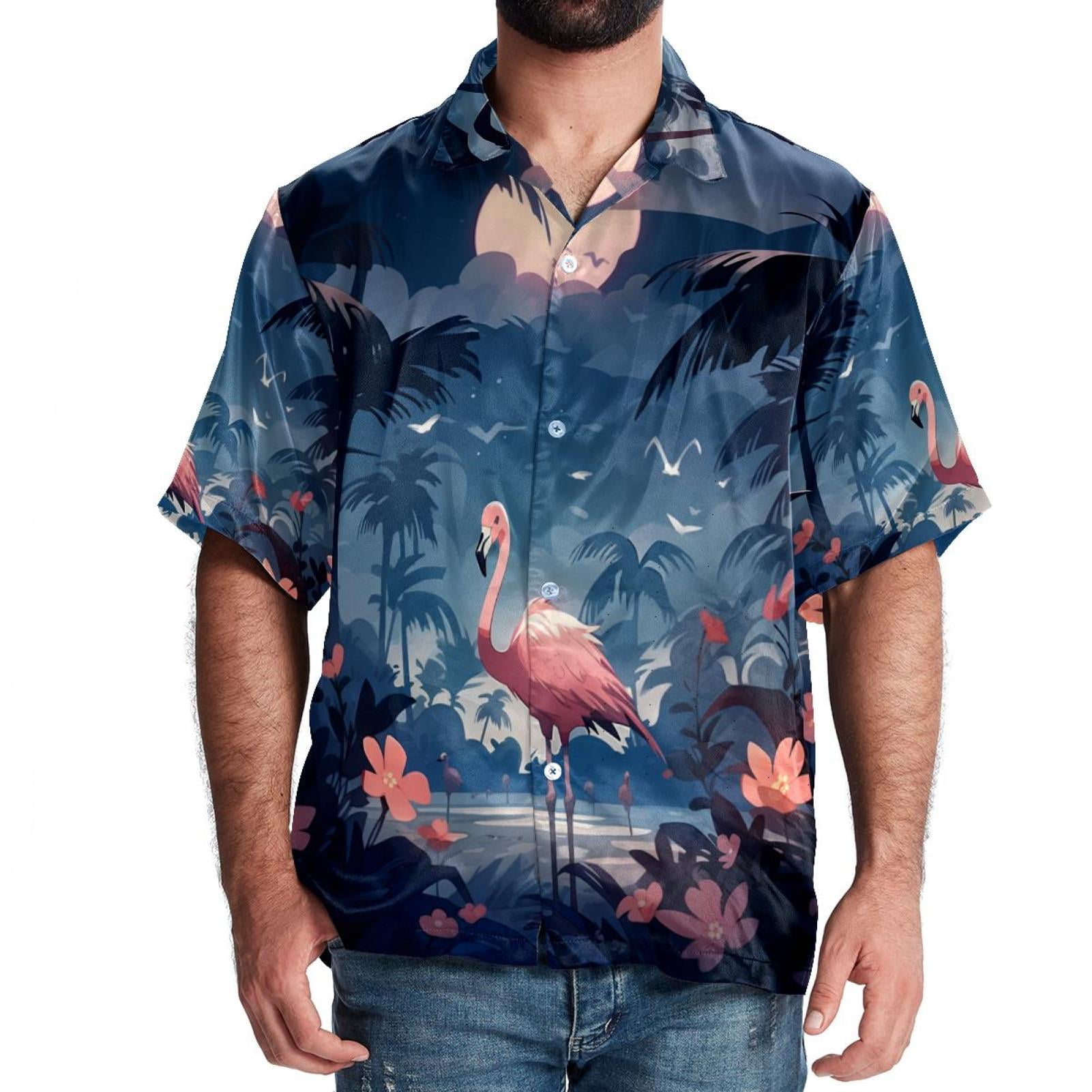 Aesthetic Moonlight Flamingo Mens Summer Shirts Short Sleeve Button