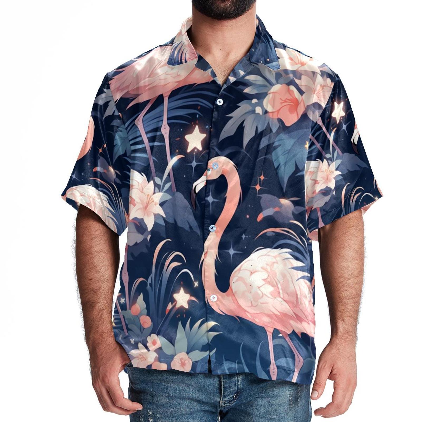 Aesthetic Moonlight Flamingo Mens Summer Shirts Short Sleeve Button