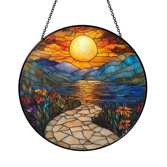 Aesthetic Mountain View Stained Glass Suncatcher For Window Decor, Imaginary Sunset Landscape Hanging Art With Wildflowers, Decorative Nature Room Ornament, Unique Indoor Present For Artwork Fans