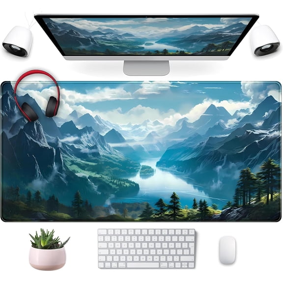 Aesthetic Mountain Vista Desk Mat, Blue Natural Wonder XXL Large Extended Gaming Mouse Pad Mat Non-Slip Mousepad, Computer Keyboard and Mouse Mat, Desk Pad with Stitched Edges, 31.5x15.75 in
