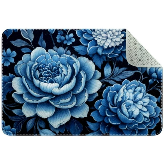 Aesthetic Navy Blue Flowers Pattern Small Area Rug, Non-Slip Door Mat Indoor Floor Mat, Washable Kitchen Rug Entrance Door Mat for Bedroom Living Room