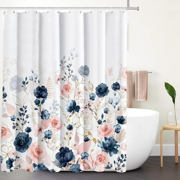 Aesthetic Navy Pink Rose Floral Shower Curtain Sets, Watercolor Gold Flowers Leaves Bathroom Decorative 71x71 Inch Polyester Waterproof Fabric Bath Curtain with Hooks