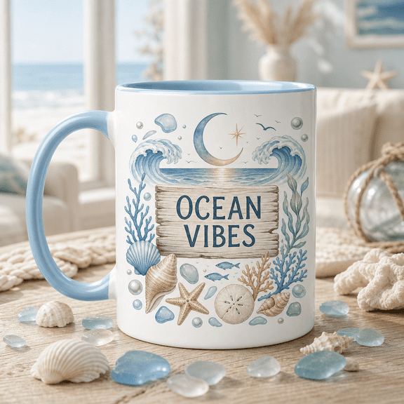 Aesthetic Ocean Mug 3D Effect, Ocean Vibes Coffee Cup for Beach Lovers Gift