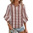 thumbnail image 1 of Aesthetic Oxide Red And White Ripple Women's V-Neck Blouse With 3/4 Ruffled Bell Sleeves Casual Top Ladies Blouses, 1 of 7