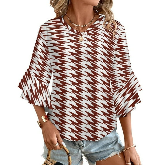 Aesthetic Oxide Red And White Ripple Women's V-Neck Blouse With 3/4 Ruffled Bell Sleeves Casual Top Ladies Blouses