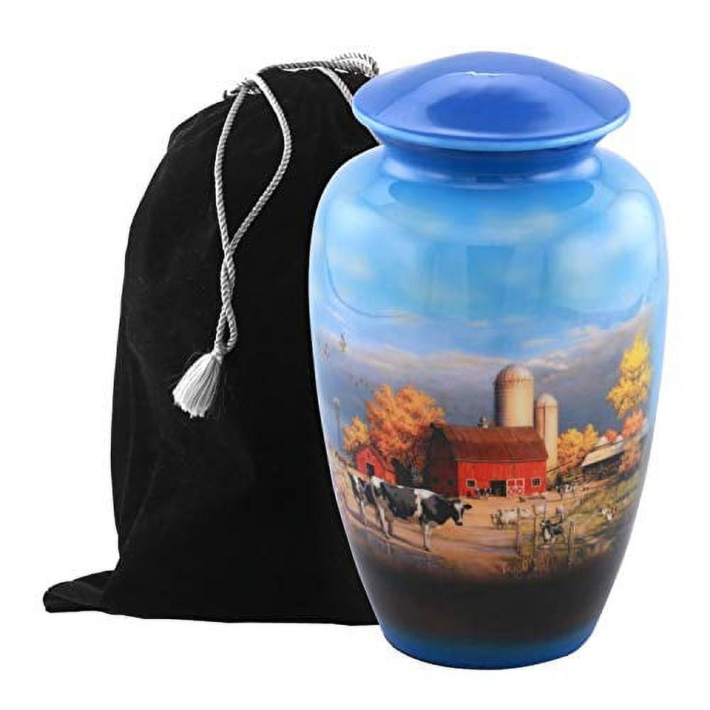 Aesthetic Painted Cremation Urn - Affordable Metal Urn - Hand Painted Solid Metal Urn for Ashes, Adult Cremation Urn with Free Velvet Bag (Farm)