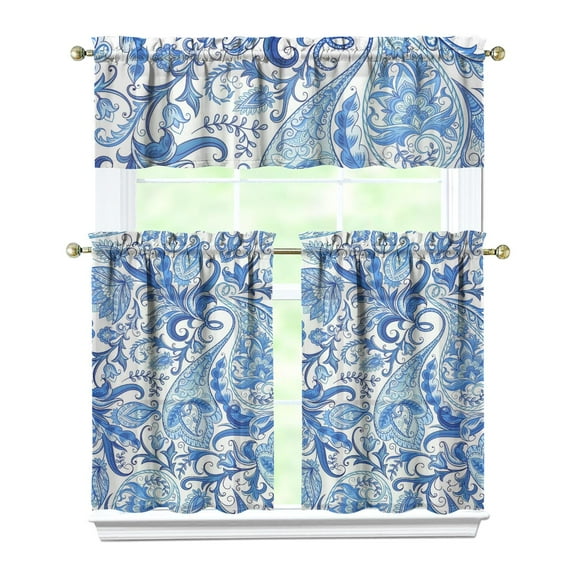 Aesthetic Paisley Kitchen Curtains - 3 PC Vintage Set, Elegant Floral Tiers with Valance, Semi-Sheer Rod Pocket Caf Curtains