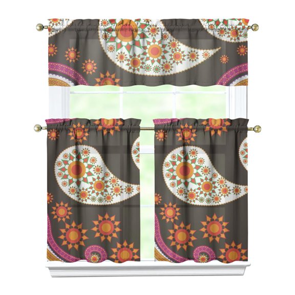 Aesthetic Paisley Kitchen Curtains - 3 PC Vintage Set, Elegant Floral Tiers with Valance, Semi-Sheer Rod Pocket Caf Curtains