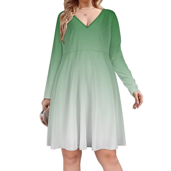 Aesthetic Patina Green And White Gradient Long Sleeve Dresses For Women Vintage Elegant Party Dress Oversized V-neck Dress S-8XL