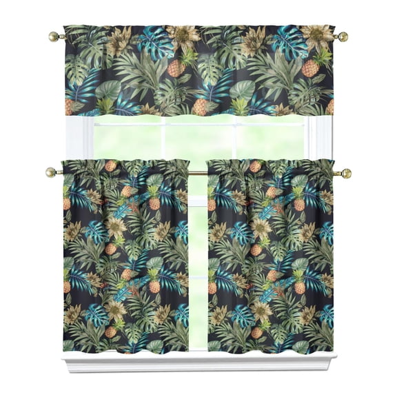 Aesthetic Pineapple Kitchen Curtains Set, Exotic Hawaiian Fruit Tier and Valance, Yellow Summer Sunshine Print Drapes for Fresh Kitchen or Small Laundry Room Decor