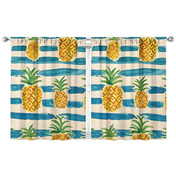 Aesthetic Pineapple Pattern Kitchen Curtains Set of 2 - 42x54 Inch Tier Panels, Tropical Fruit Print Semi-Sheer Rod Pocket Window Treatment